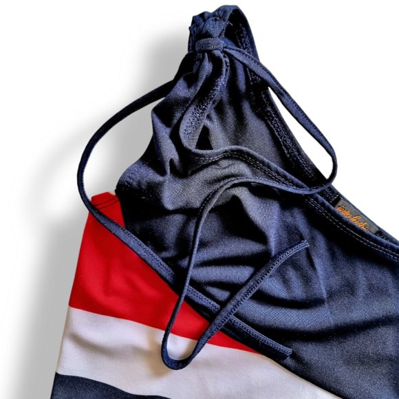 Y2k, dark blue, red + white one-shoulder maxi dress XS fits AU 4, 6, 8 - Picture 9 of 10